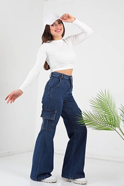 Trn JNS Dark Blue Cargo Loose Back Pocket Lycra Super High Waist Jean Trousers