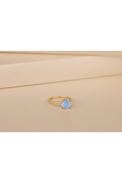 Akgül Silver Mavi Topaz Zirkon Tektaş Altın Kaplama Gümüş Yüzük