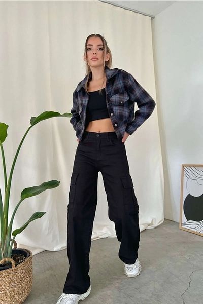 Trn JNS Pantaloni negri SWAT Cargo, largi la spate, fără buzunar, din lycra, cu talie super înaltă