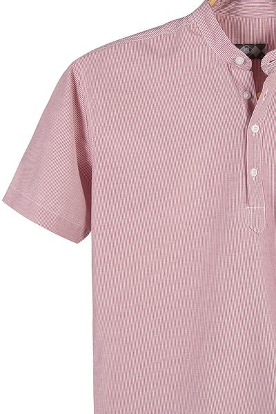 Terapi Men Men's Red Stand Collar Half Placket Sheer Striped Short Sleeve Slim Fit Shirt