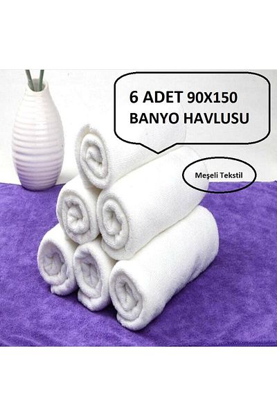 MEŞELİ TEKSTİL 6 Pieces White Hotel Bath Towel Battal 90x150 Cm Economic