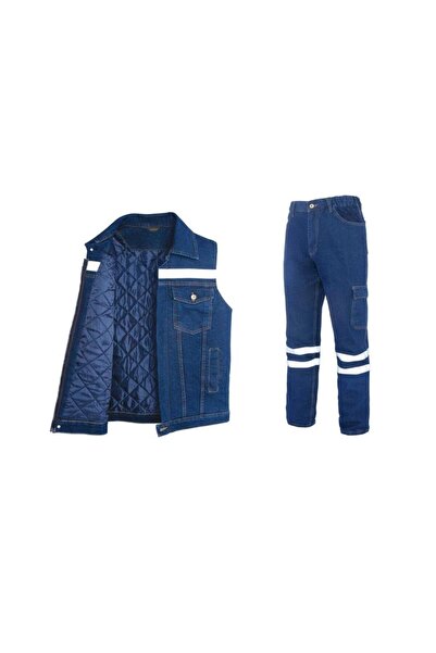 MyForm Kot İş Takımı Reflektörlü Kot Pantolon ve Reflektörlü Kapitoneli İş Ye...