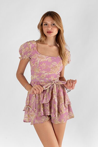 Bak Moda Çiçek Desenli Sırt Dekolteli Garneli Şortlu Pembe Mini Elbise