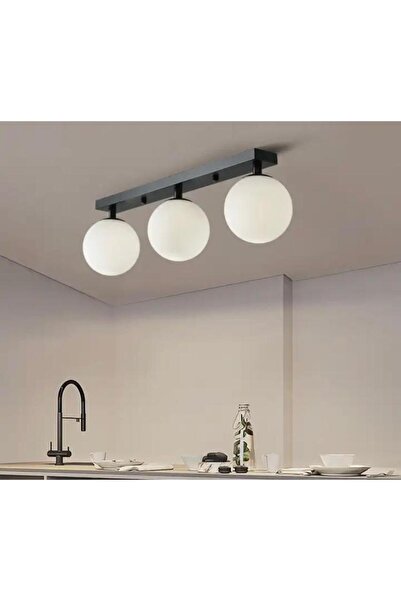 Rsylight Metal Modern Siyah Opal Camlı Tavan Plofyoner 3 LüTavan Avize