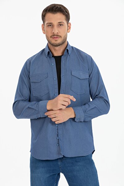 Varetta Ανδρικό μπλε πουκάμισο με διπλή τσέπη ελαστικό ύφασμα Classic Cut μακ...