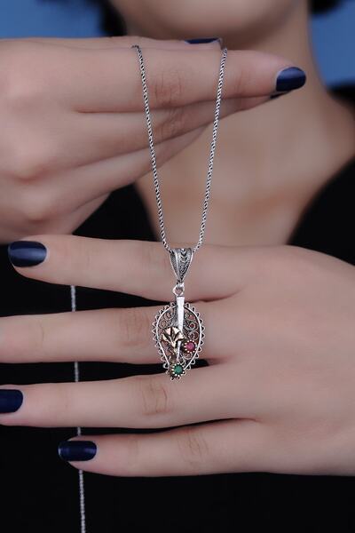 ENCİLİ SİLVER 925 Ayar Gümüş Taş Detaylı Telkari Model Kadın Kolye