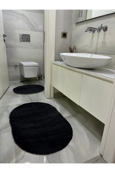 vescarpet station Laser Cut Plush 2-Piece Oval Black Bath Mat Set
