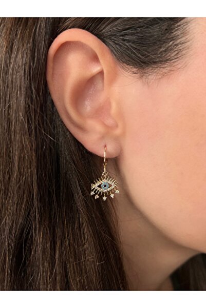 Gold Shimmering Blue Gemstone Eye Earrings