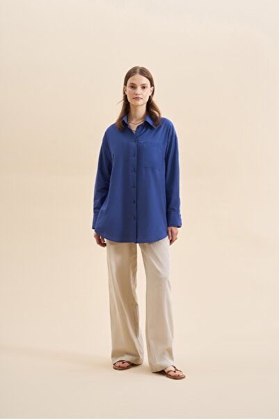 EBU Prive Kadın Organik Pamuklu Oversize Gömlek Saks