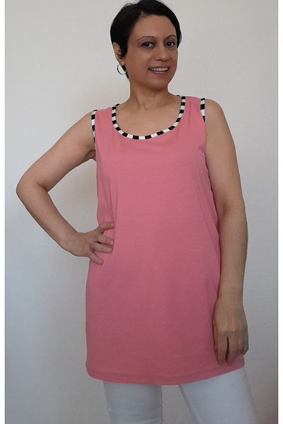 Mertcan Butik Pink Thick Strap Combed Cotton T-Shirt with Piping Detail