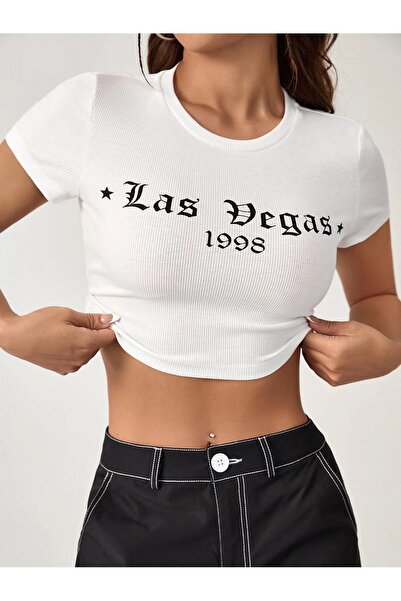 Jose Clothing BLUZĂ CROP TOP CU MÂNECĂ SCURTĂ, ALBĂ, IMPRIMATĂ PENTRU FEMEI