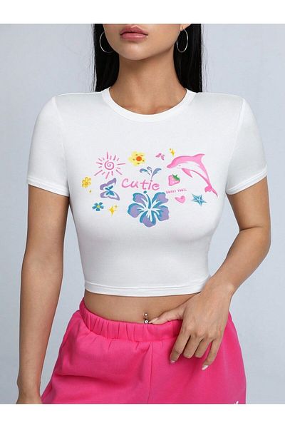 Jose Clothing ΓΥΝΑΙΚΕΙΟ ΚΟΝΤΟΜΑΝΙΚΙ ΛΕΥΚΟ ΤΥΠΩΜΕΝΟ CROP TOP BLUZ