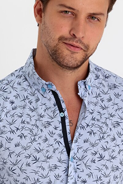 MİRMARONİ Чоловіча синьо-темно-синя сорочка Slim Fit вузького крою, 100% бавовна, з ґудзиками та принтом на комірі