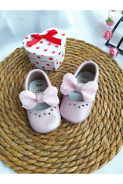 MİNİBİRİ Princess Model Lilac Sequin Bow Genuine Leather Baby Loafer Booties Baby Shoes