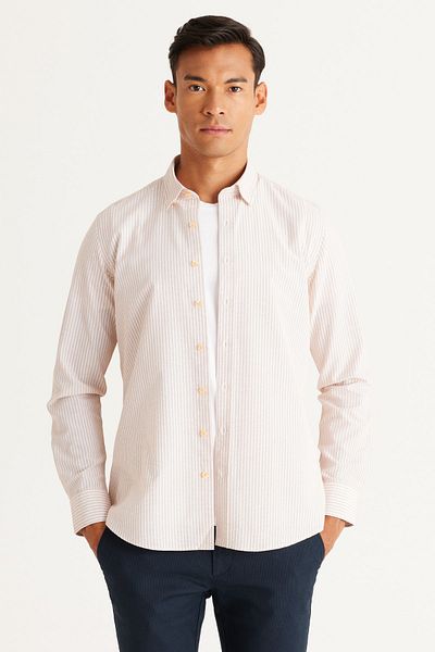 ALTINYILDIZ CLASSICS Ανδρικό Λευκό-Πορτοκαλί Slim Fit Slim Fit Κρυφό γιακά Βαμβακερό ριγέ πουκάμισο