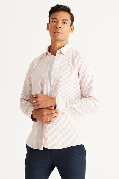 ALTINYILDIZ CLASSICS Ανδρικό Λευκό-Πορτοκαλί Slim Fit Slim Fit Κρυφό γιακά Βαμβακερό ριγέ πουκάμισο