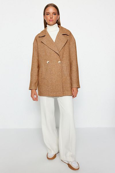 Trendyol Collection Широко изрязано палто с щампи Camel TWOAW24KB00091