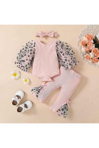 VipDeluXe yenidoğan bebek kız giyim seti örgü Patchwork puf kollu Romper tulu...