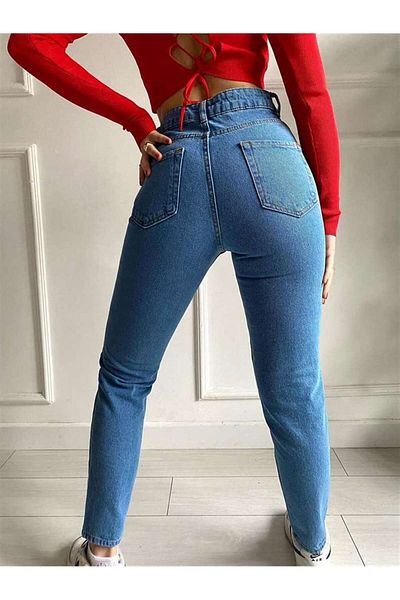 Bella denim Blugi Mom Jean albaștri cu talie înaltă