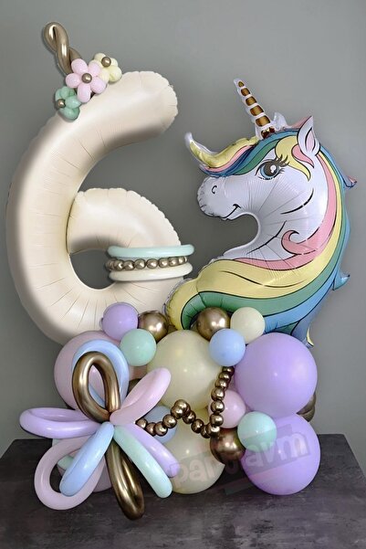 PARTİAVM Unicorn Balon Unicorn Tema Krem Rakam Balonlu Makaron Gökkuşağı Set ...