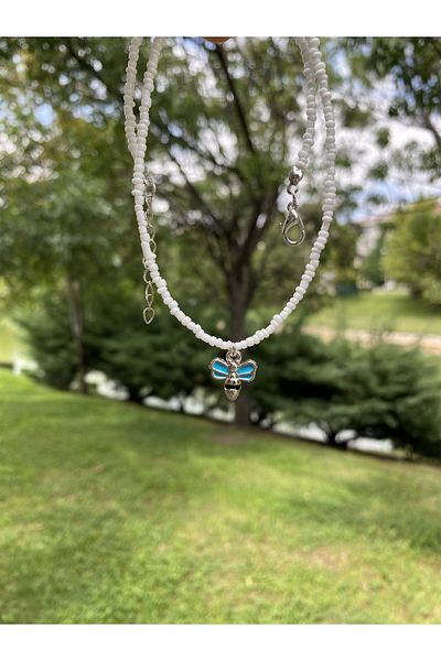 Stoneday Turquoise Bee Figured Silver Detailed White Turquoise Sand Bead Necklace