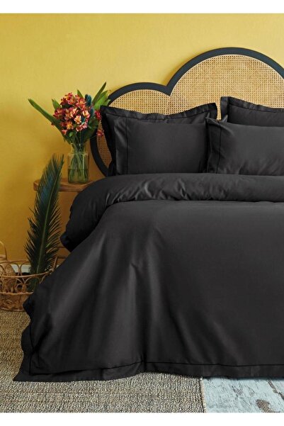 İssimo Home İSSİMO HOME Michele 300 TC (120 WIRE) Digital Cotton Satin Black Duvet Cover Set Double