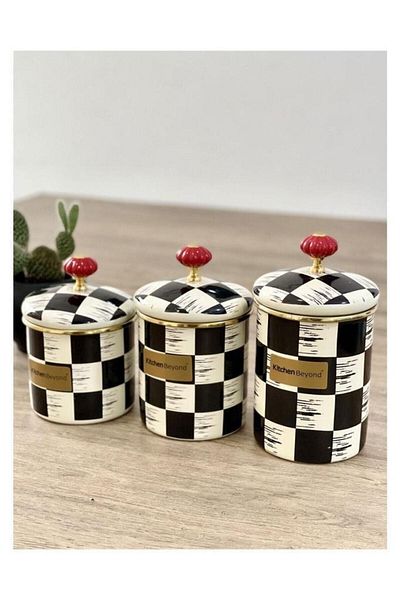 ACAR Kitchen Beyond Checkerboard Pattern Black-cream Enamel 3-Piece Jar 0516 Fma088423