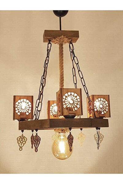 LENAOKSAN Lena 960 4+1 Sekizgen Şapkalı Ahşap Avize El Yapımı Özel Tasarım