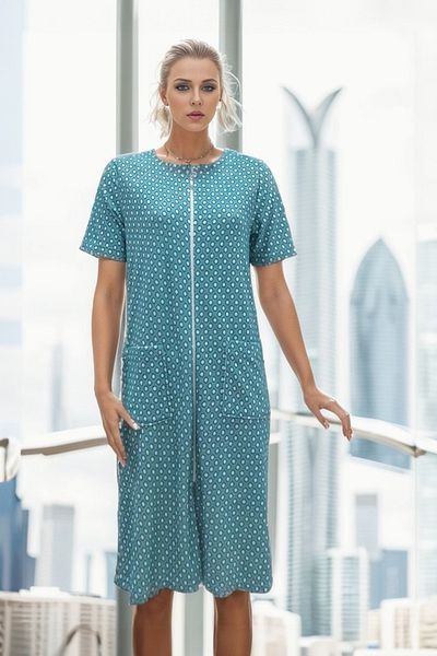 MY STAR HOME Green & White Polka Dot Towel Dress Cotton Short Sleeve Zipped Home Beach Bathroom Sauna Sea Clothing