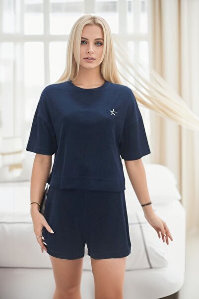 MY STAR HOME Navy Blue Cotton 2-Piece Embroidered Towel Shorts & T-shirt Set