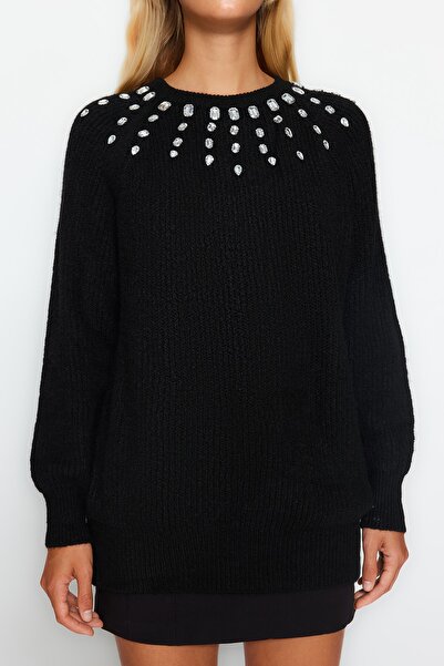 Trendyol Collection Pulover negru din tricotaje cu detaliu din piatră cu textura moale TWOAW24KZ00685
