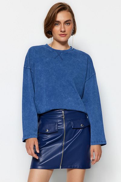 Trendyol Collection Indigo Starožitný/Vybledlý Efekt Uvolněný/Pohodlný střih Pletené tričko s dlouhým rukávem a dlouhým rukávem TWOAW24TS00006