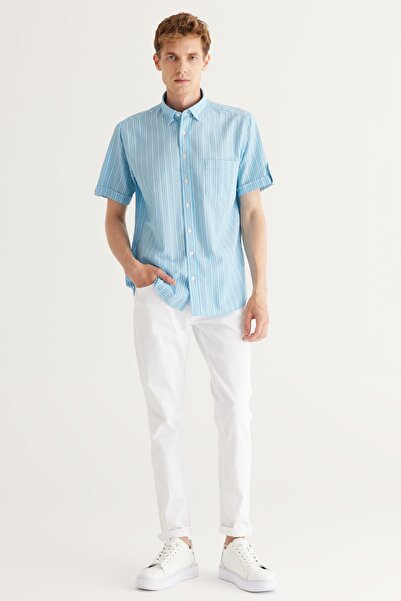 AC&Co / Altınyıldız Classics Men's Blue Comfort Fit Relaxed Cut Button Collar Cotton Striped Short Sleeve Shirt