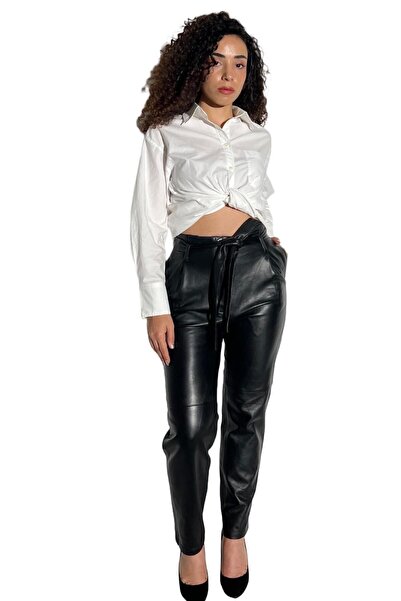 hilda deri Almira Hakiki Deri Siyah Pantolon Kuzu Derisi Kemerli Yan Cepli