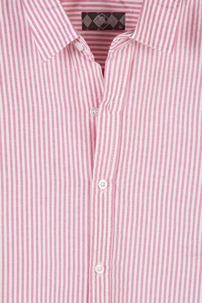 Terapi Men Erkek Kırmızı Kalın Dik Çizgili Uzun Kollu Slim Fit Gömlek