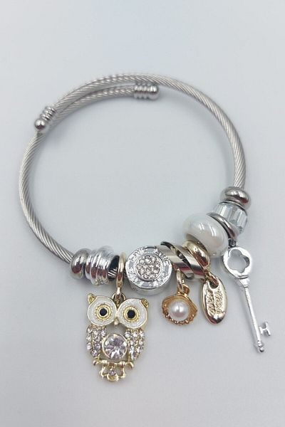 MG Modern Giyin Women's Owl Charm Steel Bracelet