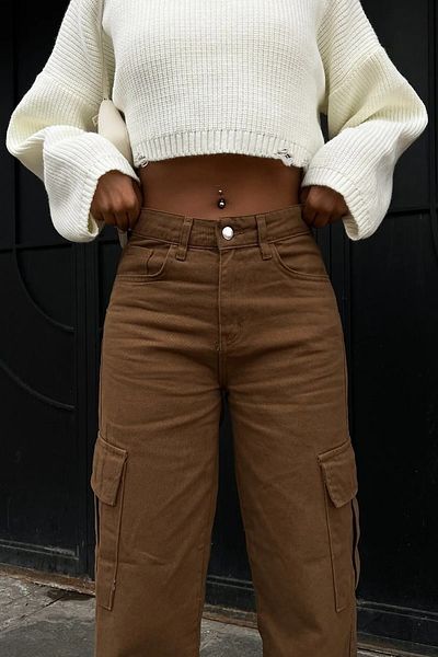 Trn JNS Παντελόνι Danger Brown Cargo Loose Back Pocketless Lycra Super ψηλόμεσο τζιν