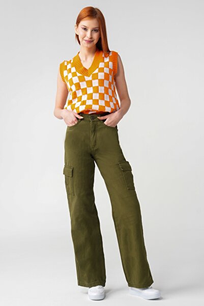 Trn JNS Χακί Cargo Loose Back Pocketless Lycra Super ψηλόμεσο τζιν παντελόνι