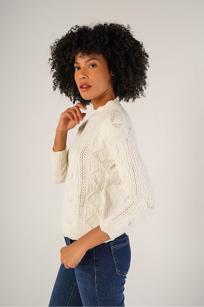 Trist Star Bone Women's Hair Braided Crew Neck Wool Sweater