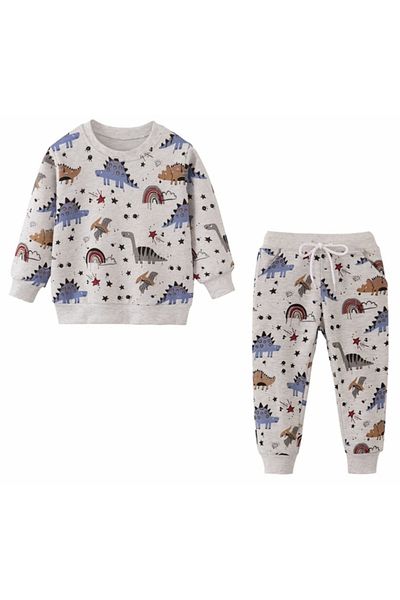 KİDS FACE CUSTOM DESIGN BLUE DINASOR PRINTED 100% COTTON FULL WINTER LUXURY BOY'S Tracksuit SET