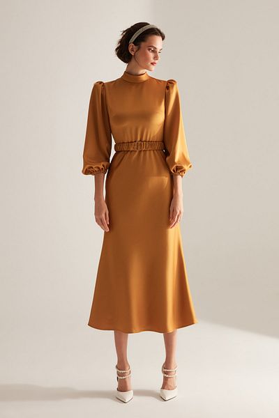 BETTY & SAM Berthe Magnificent Collar Long Mustard Engagement Dress