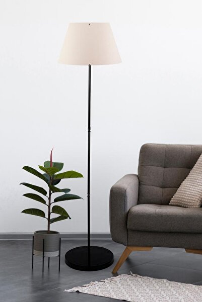 Art&Gift Siyah Metal Ayaklı Krem Konik Kumaş Başlık Lambader Salon Yatak Odası Köşe Lambası