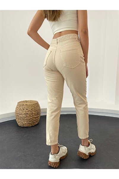 MAKRAS EXCLUSIVE Julia Beige Super High Waist Comfort Lycra Mom Farmer nadrág farmer