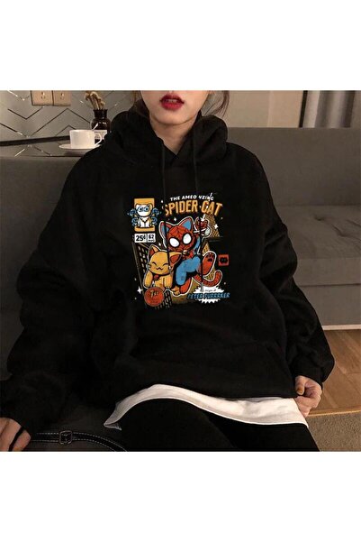 Toum Hanorac negru unisex oversize cu glugă cu imprimeu M F Spider-Cat