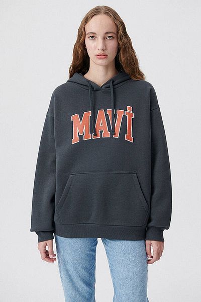Mavi Γυναικείο φούτερ με μπλε λογότυπο με στάμπα με κουκούλα σε γκρι χρώμα 1600361 -80106