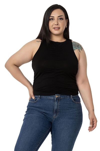 DISENTIS MODEST Plus Size Draped Front and Sides Halter Collar Black Body