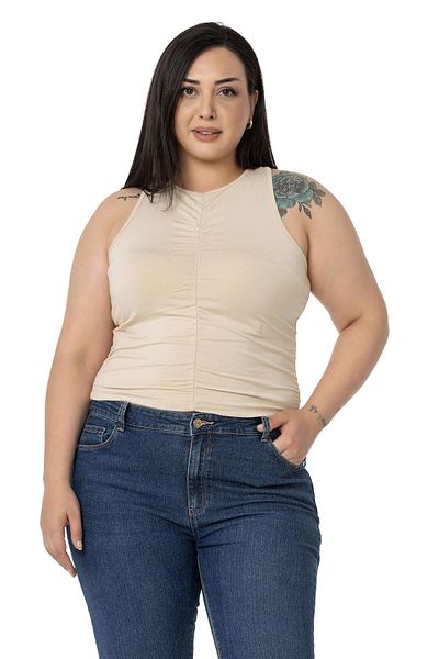 DISENTIS MODEST Plus Size Halter Neck Beige Body with Draped Front and Sides