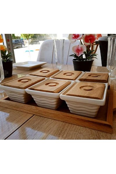 2kshop Ceramic Breakfast Set with Wooden Lid, 6 Pieces, Breakfast Set with Wooden Tray