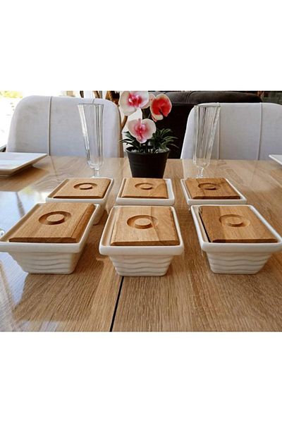 2kshop Ceramic Breakfast Set with Wooden Lid, 6 Pieces, Breakfast Set with Wooden Tray