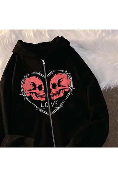 Gofeel Unisex Vintage Harajuku Love Skulls Ζακέτα με στάμπα μεγάλου μεγέθους - Λεπτομέρεια με φερμουάρ GF